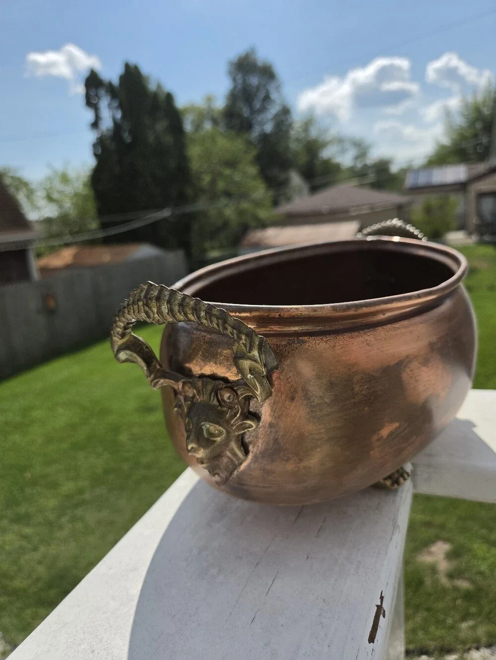 Vintage Copper Jardiniere Lion Head Handles Paw Feet, Oval Planter, French Garde